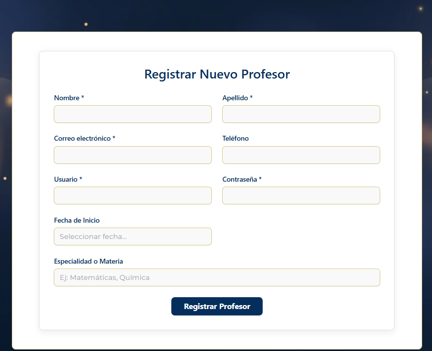 Formulario de Registro de Profesor